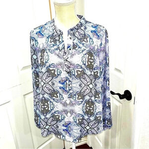 Democracy  paisley 3/4 button front blouse with ruffle back in a blue/ purple